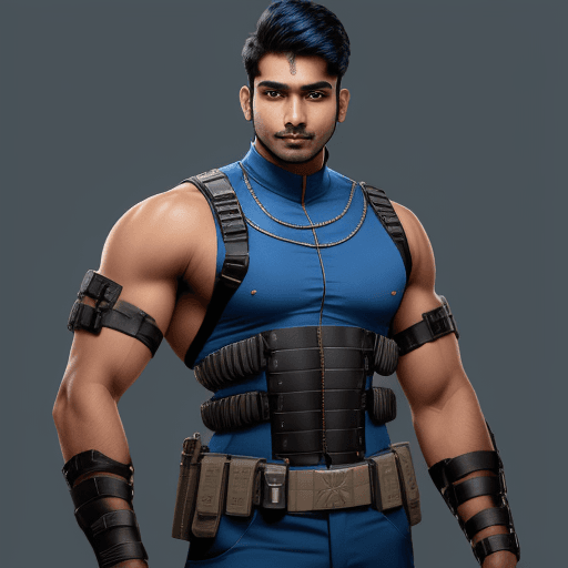 AI generated: indian male age 26, broad shouldered, very muscular, 2 meters tall , metal  skin tight body suit,  s...