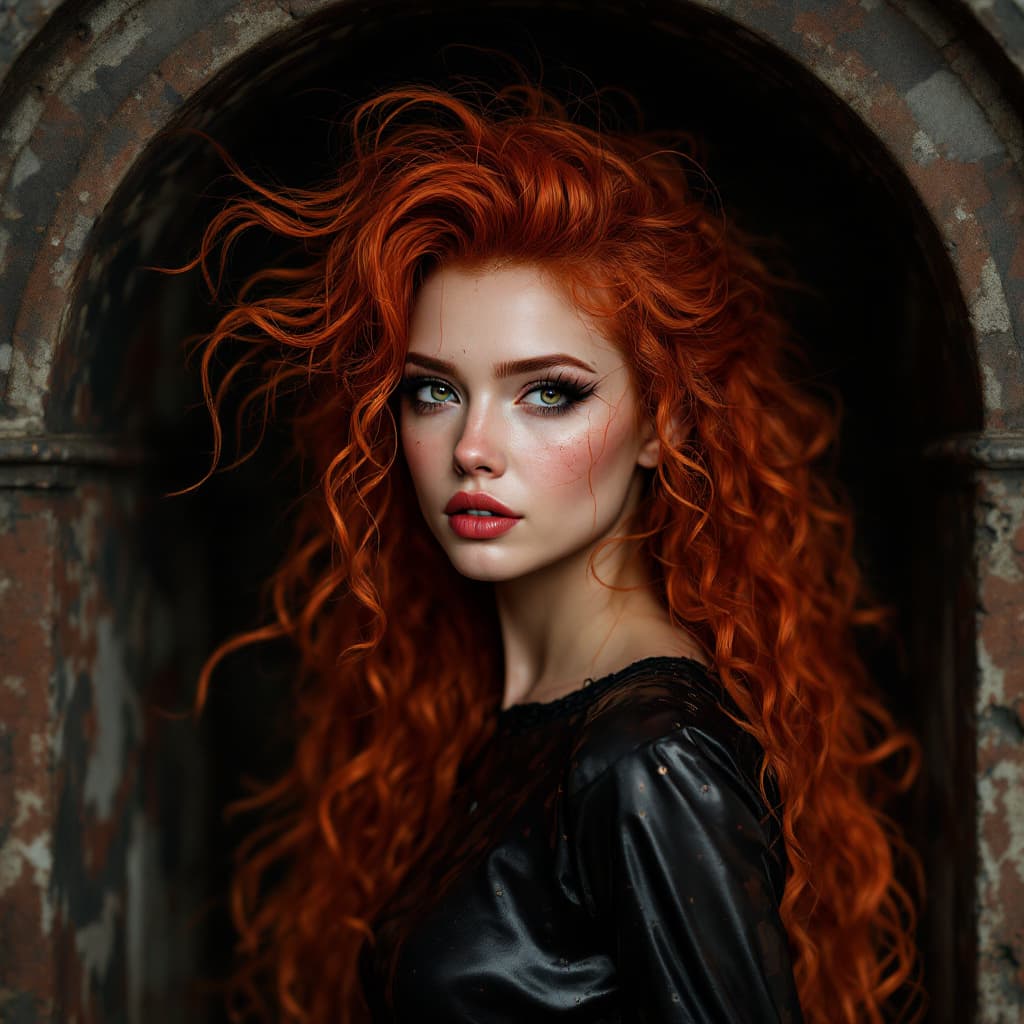 AI generated: Portrait of a woman chaotic beauty with red hair, curly, standing in an archway. Masterpiece. By art...