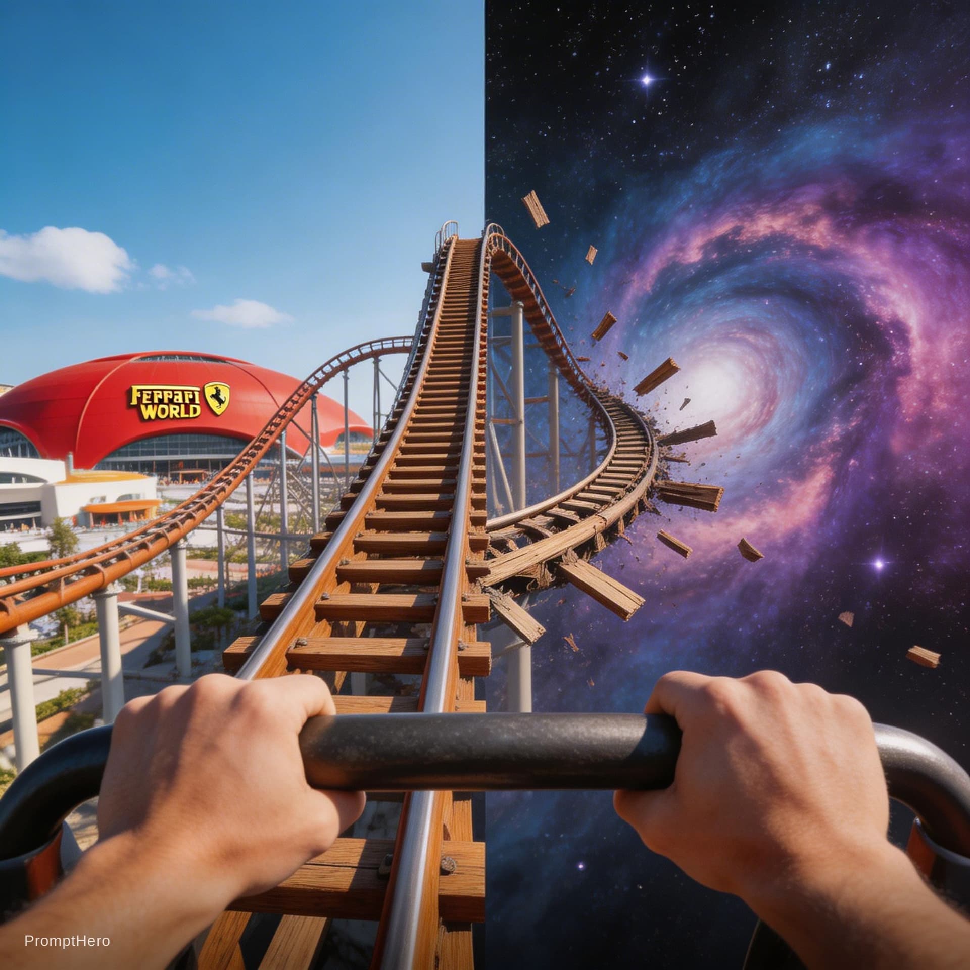 AI generated: A first-person (POV) shot from a seat on a roller coaster shows a frontal view of a steep incline. I...
