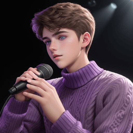AI generated: High resolution photography ,Handsome guy, 15 year old boy, purple sweater, singer, beautiful eyes, ...