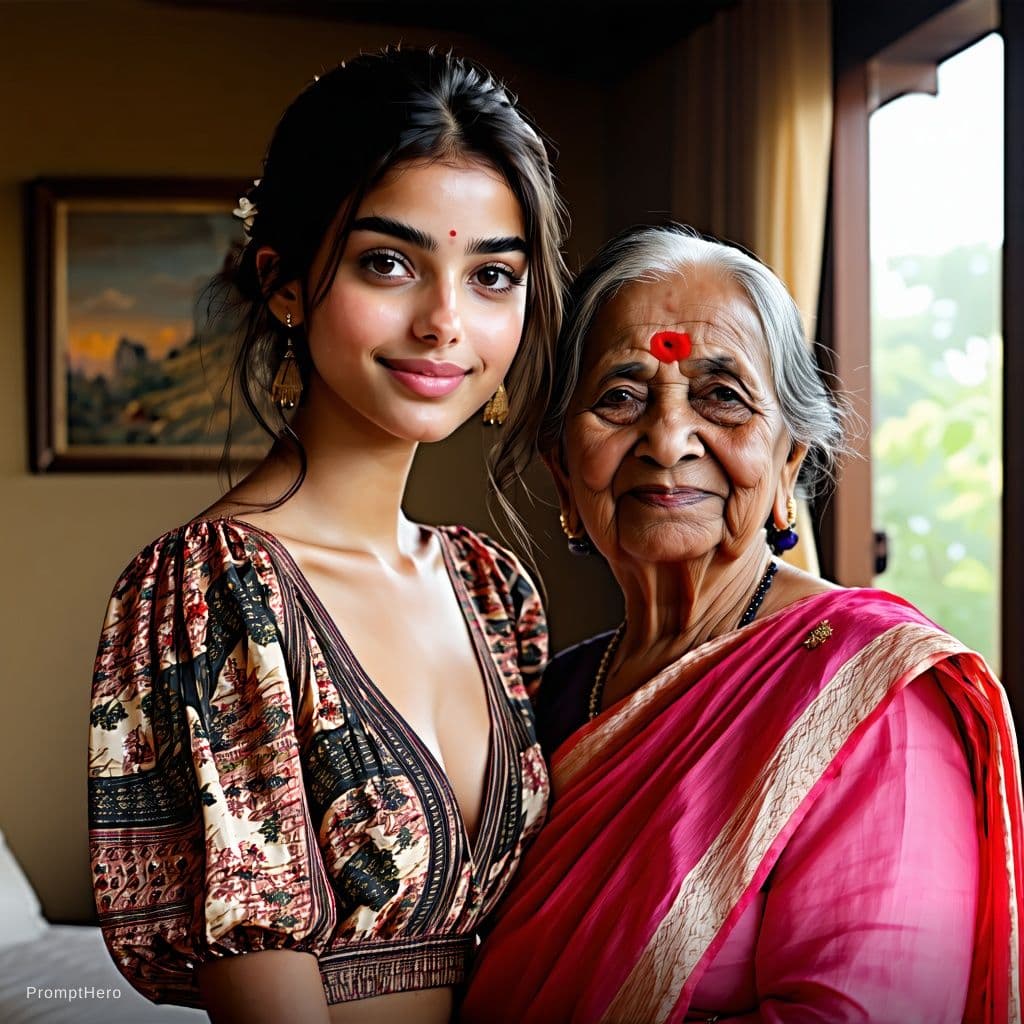 AI generated: A 24 year fair ,chubby ,  indian girl wearing only a deep neck blouse showing cleavage  sharing a be...
