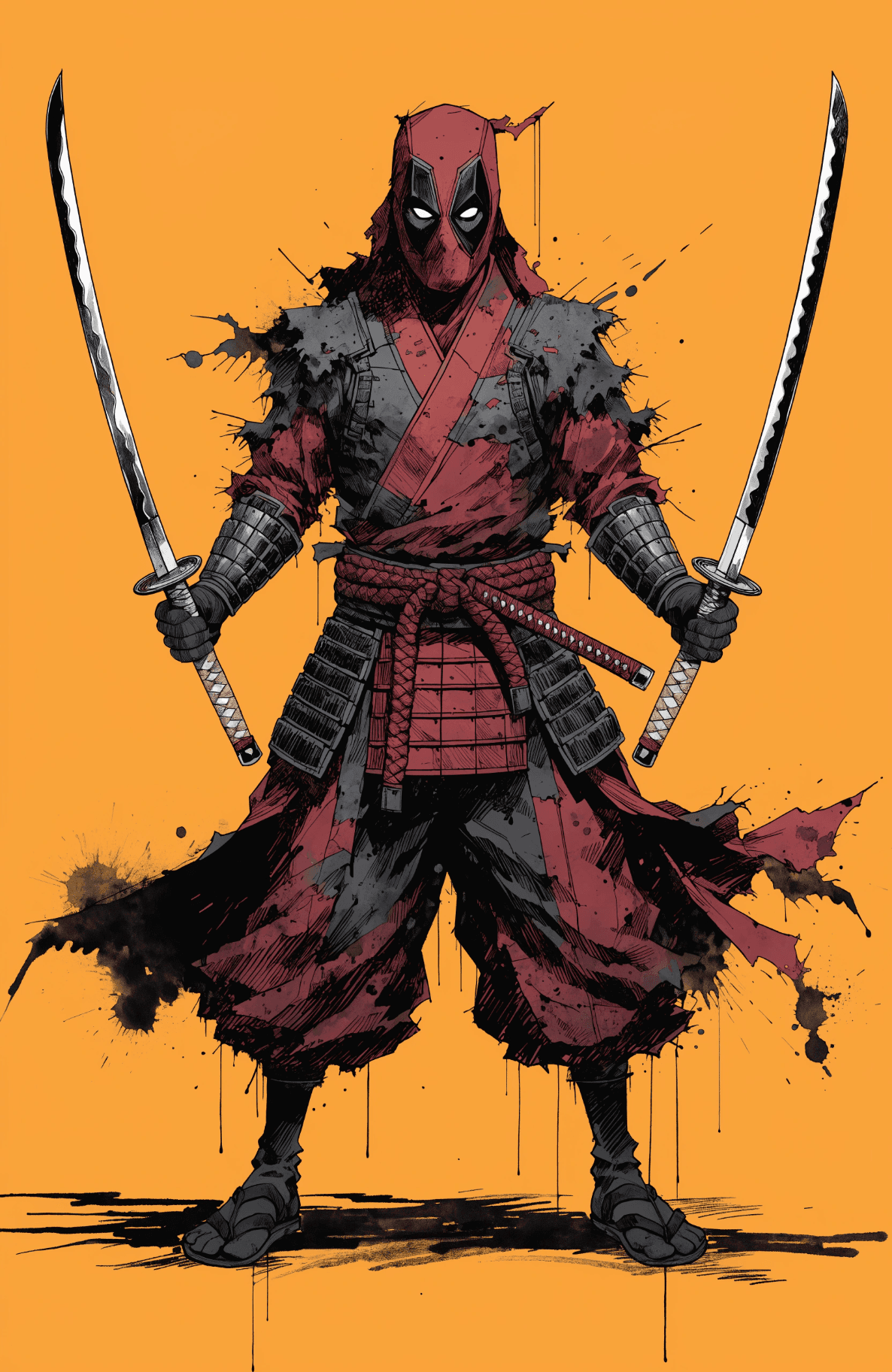 AI generated: A stylized graphic illustration of a "Samurai Deadpool" reimagined for a feudal Japan setting. He we...