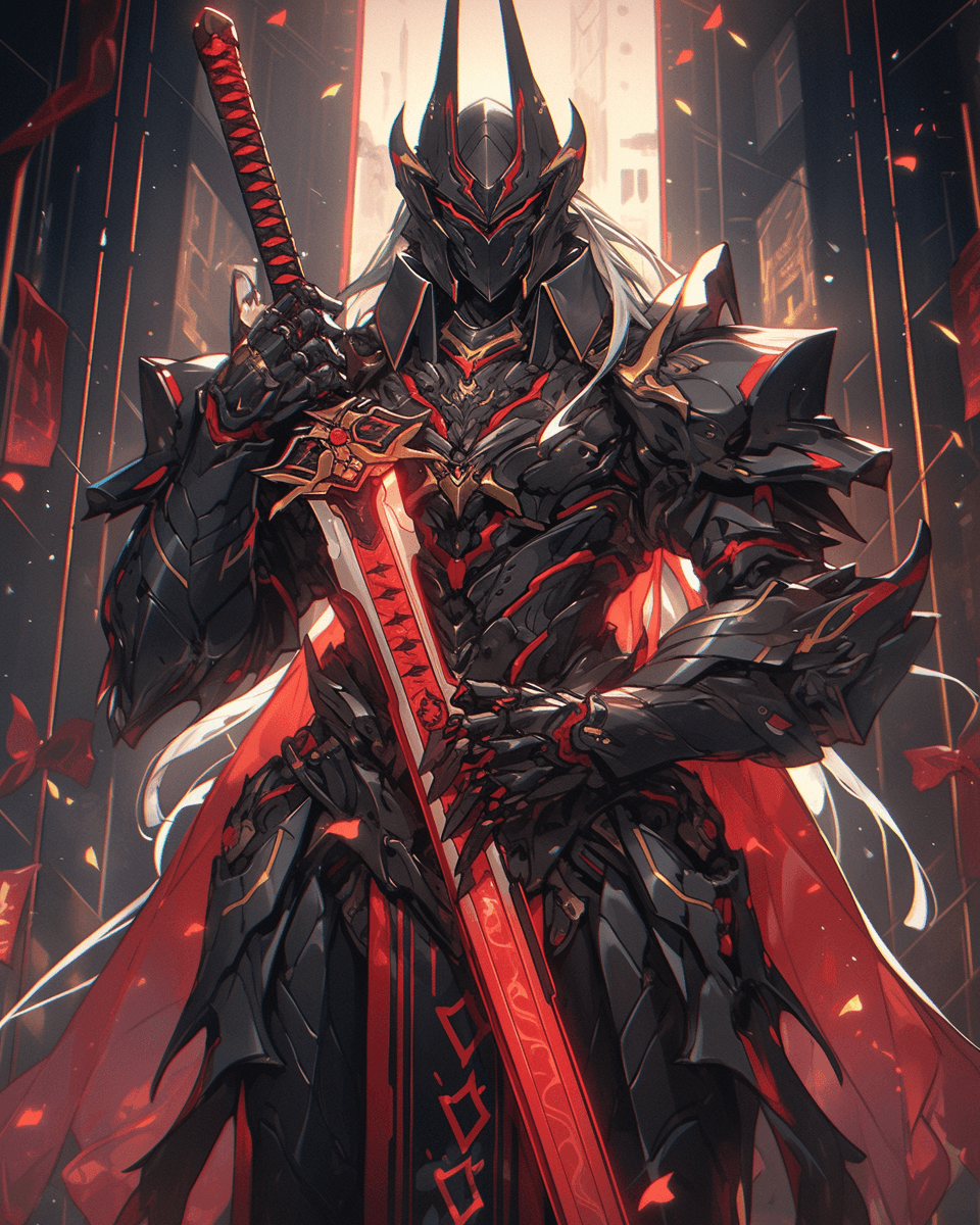 AI generated: a dark knight holding a red sword, in the style of kawacy, futuristic fragmentation, intricate costu...
