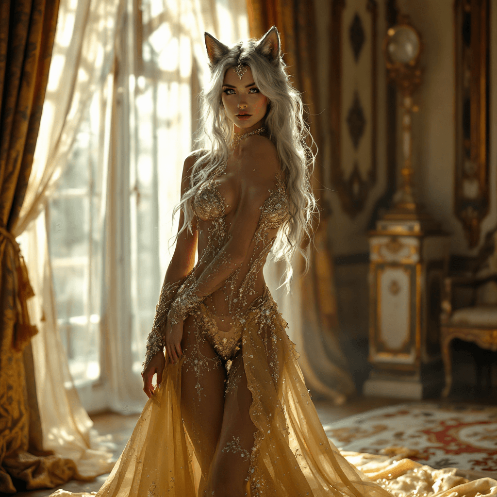 AI generated: A breathtaking full-body portrait of a wolf-girl wearing a dazzling, intricately designed gold and c...