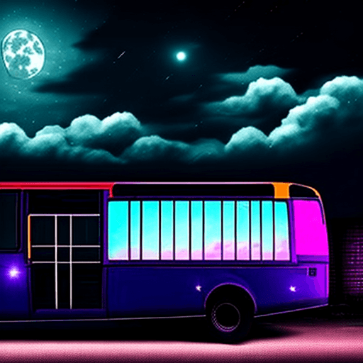AI generated: side view of a long strange bus at a distance, in a dark alley, in the middle of the night, moonligh...