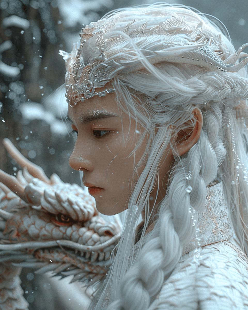 AI generated: a Chinese boy with white hair living in a cave, a celestial being, wears white Daofu, has a headband...