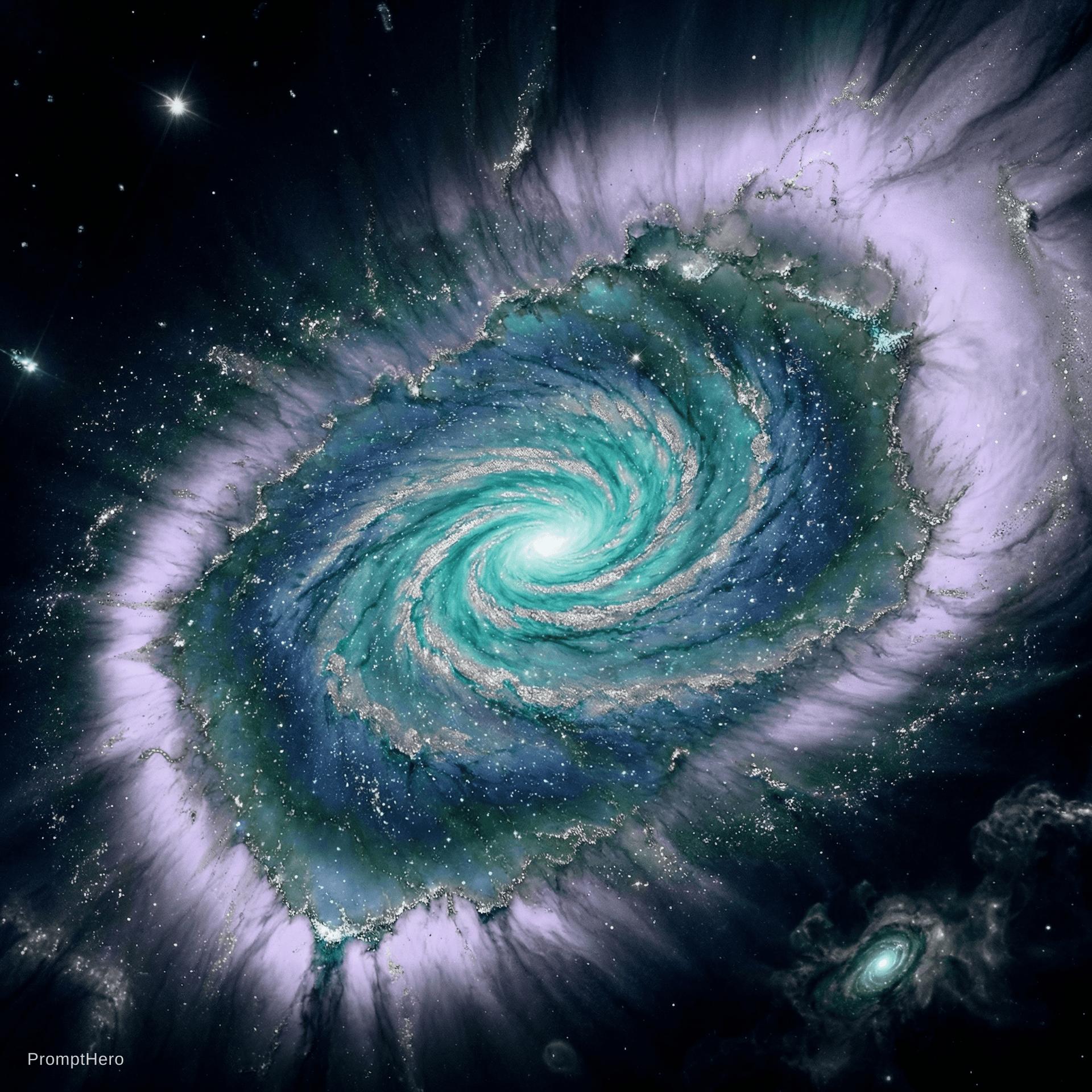 AI generated: create a unique galaxy with it being teal and silver in the center that fades into blues and greens ...