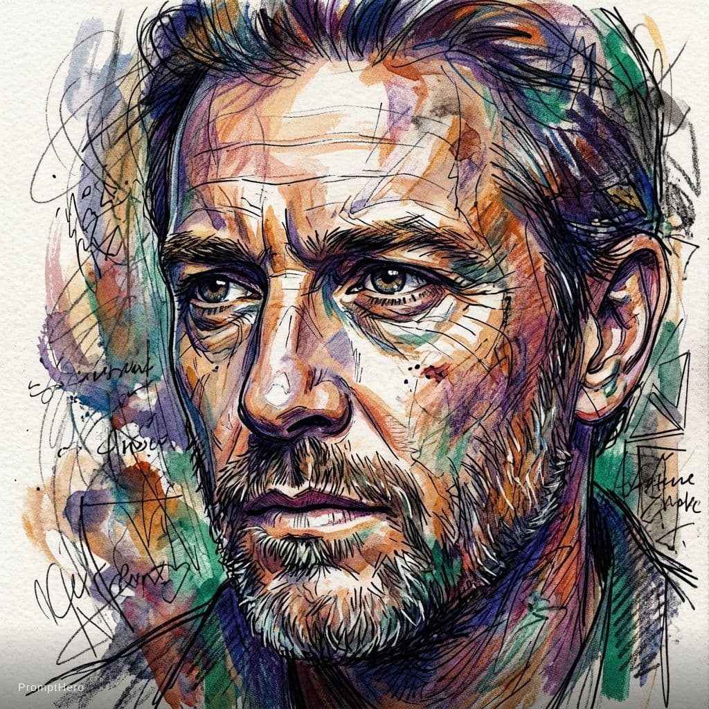 AI generated: color drawing of a man's face --chaos 75 --ar 1:2 --profile rsy6uq9 --stylize 750