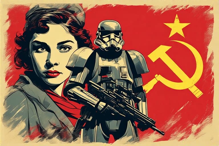 AI generated: A girl featured in a Soviet Union propaganda recruitment poster| Bold colors and striking design ele...