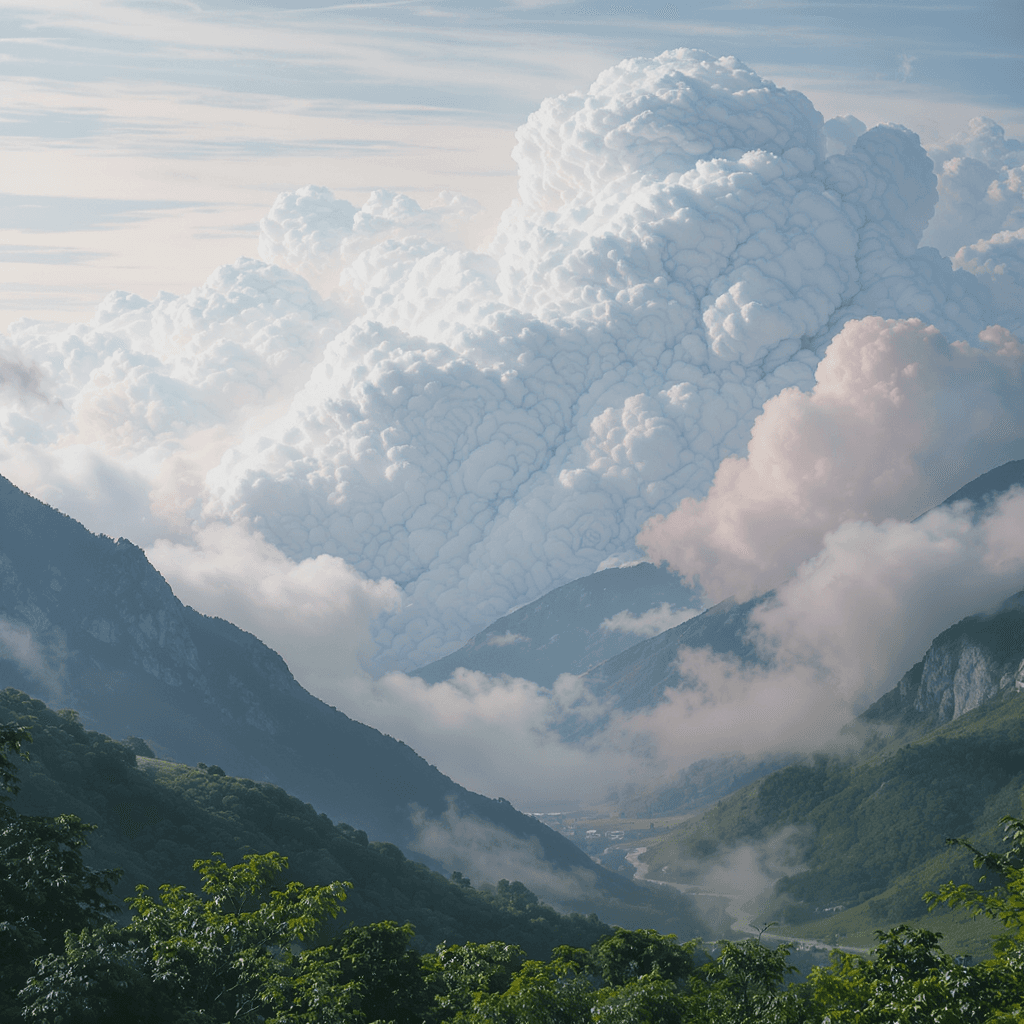 AI generated: A breathtaking close up view of a surrealism valley landscape, where white clouds graduate into soft...