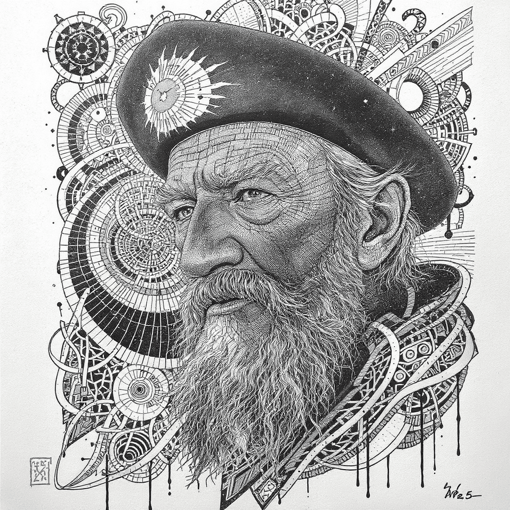 AI generated: the head and shoulders of an elderly man with a beard, in the style of nautical surrealism, intricat...