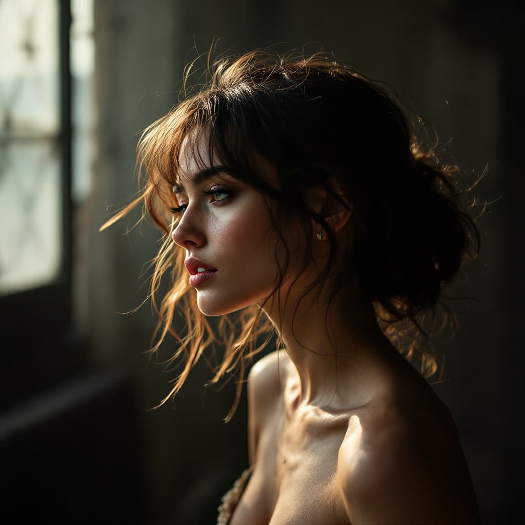 AI generated: woman posing, soft, atmospheric lighting --chaos 75 --ar 1:2 --profile yruxpc2 --stylize 750