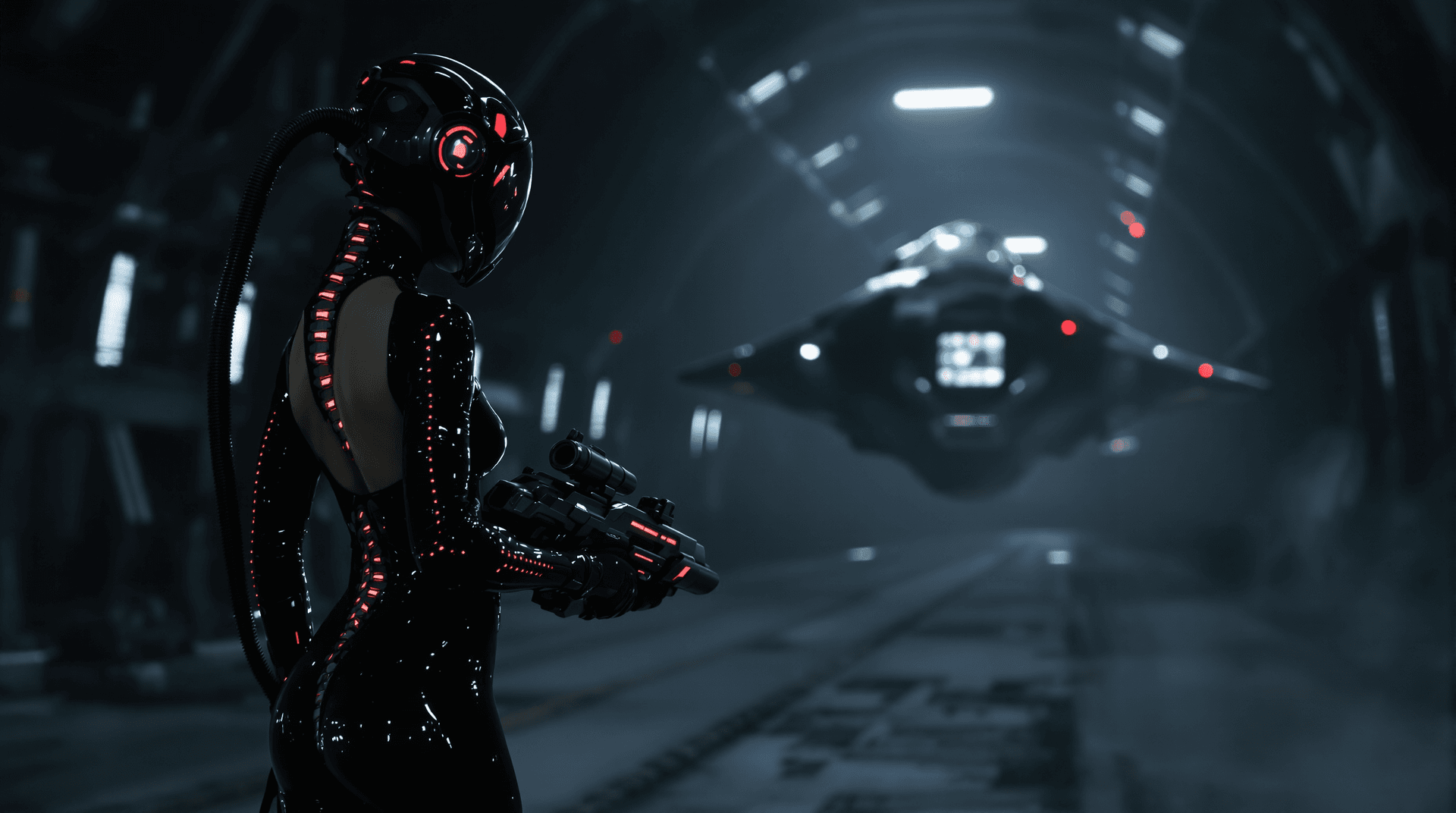 AI generated: A dark futuristic theam: a woman with striking features standing in a dark hangar looking at a space...