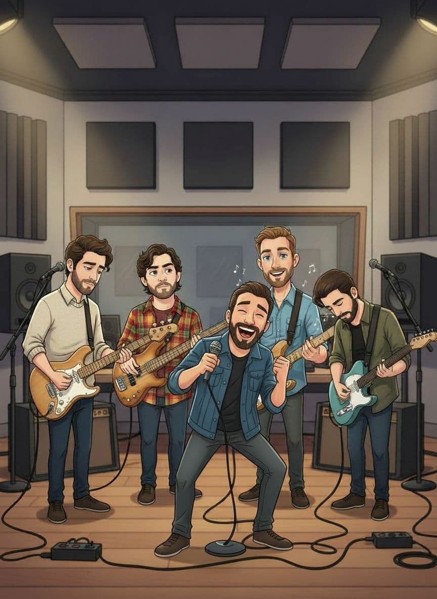 AI generated: "Add the new character from the input image to the existing group illustration as the LEAD SINGER.
...