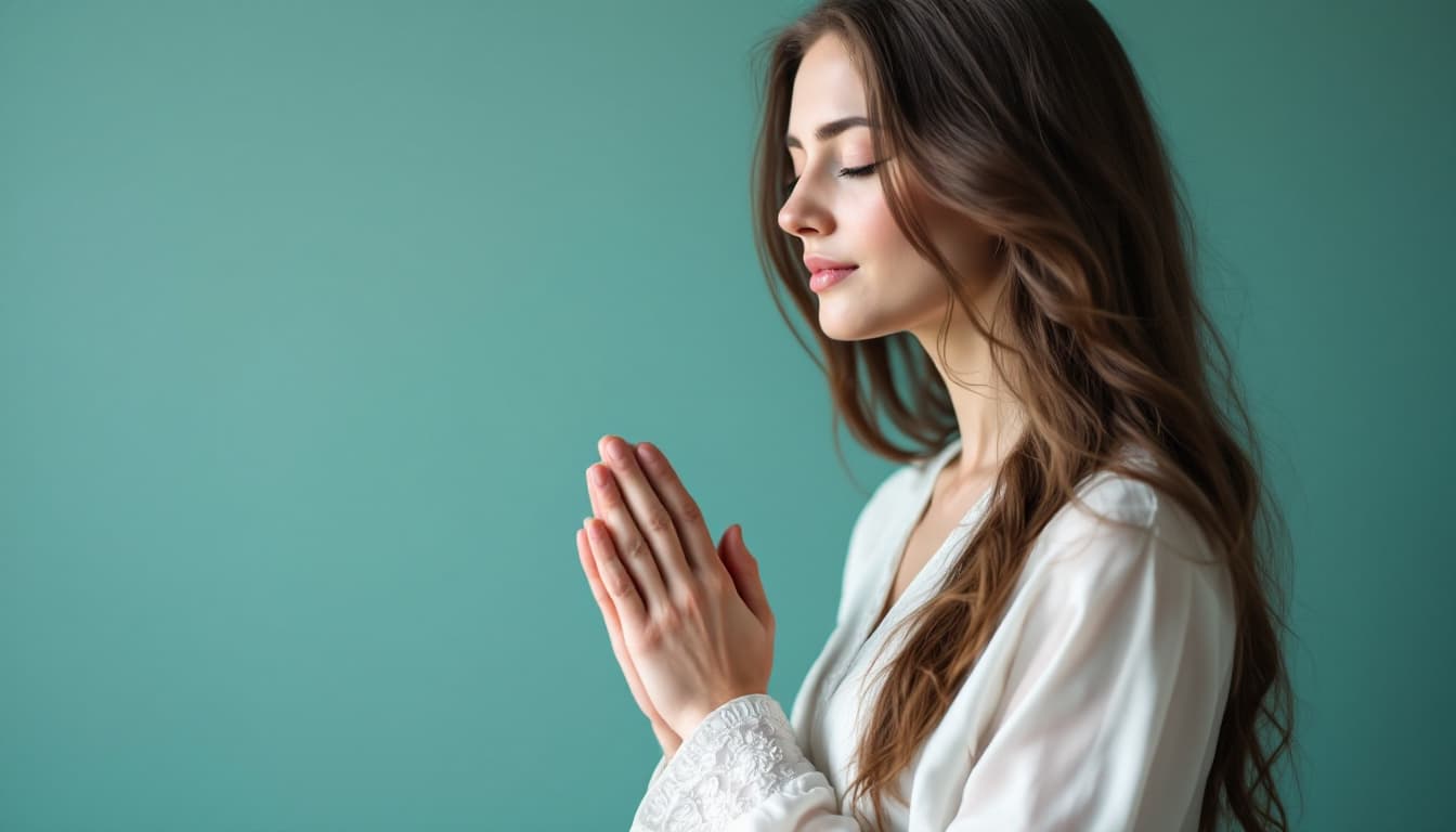 AI generated: A peaceful woman with long, flowing brown hair folds her hands in prayer, eyes closed in quiet devot...