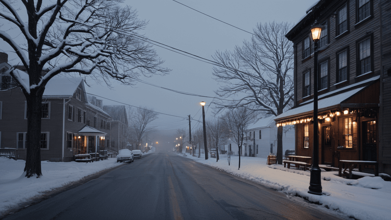 AI generated: a snowy street with a light pole and a tree, dimly-lit cozy tavern, anamorphic lenses, new England a...