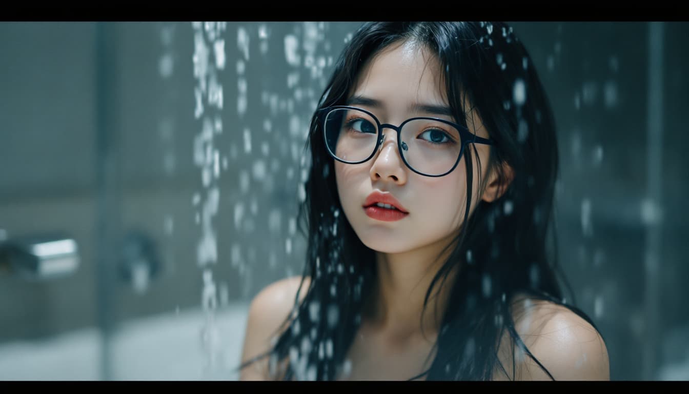 AI generated: Full body photo of Risa, a Japanese girl, take a shower , Make a solemn expression, black brown long...