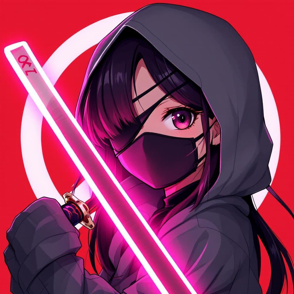 AI generated: A cute girl in Japanese anime style, wearing black mask and grey hooded cape holding samurai sword w...