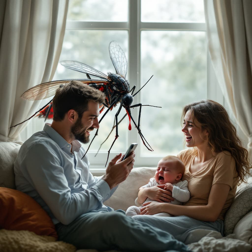AI generated: generate a prompts for a picture that showing mosquito entering throw the window and the family bein...