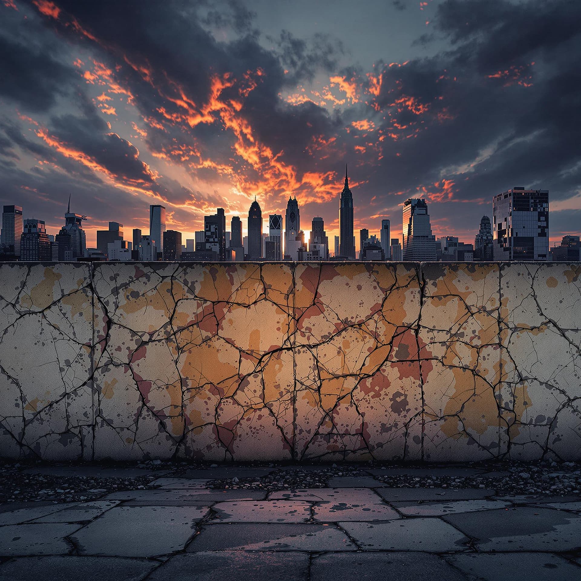AI generated: urban area wall with cracks and discoloration running across the image about 8 ft high and behind it...