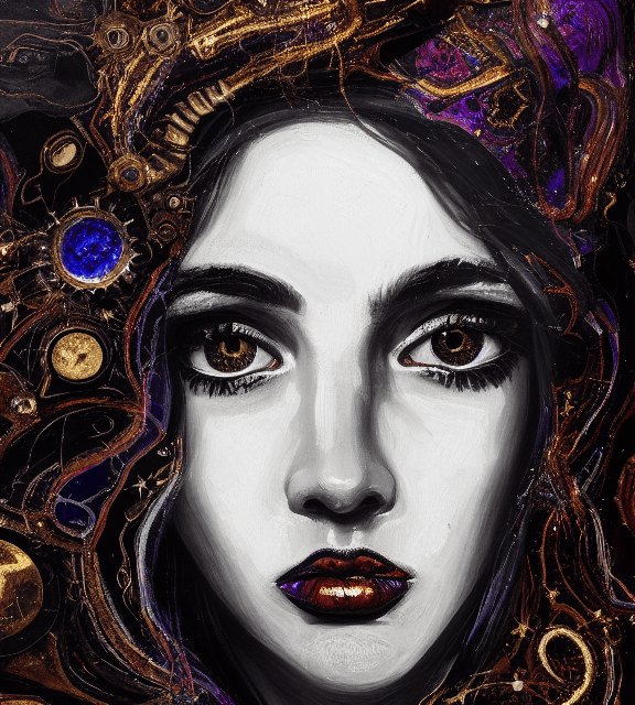 AI generated: Oil painting, high resolution 8k, Pollock master painter, 
young lady close up black and white  face...