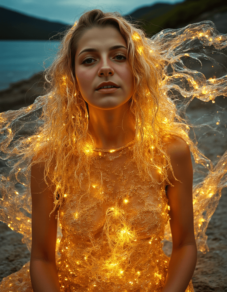 AI generated: A photorealistic 4K image of Elanai with transparent, crystal-like skin, glowing from within with a ...