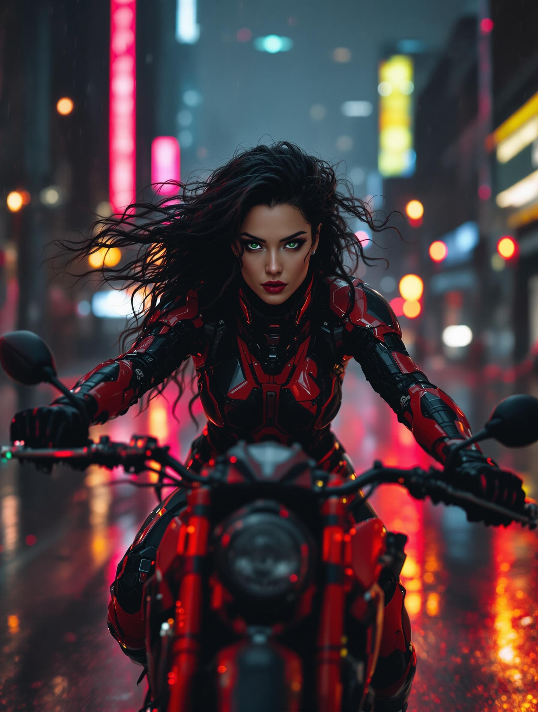 AI generated: a beautiful cyborg woman with long curly black her and beautiful stunning green eyes driving her nin...