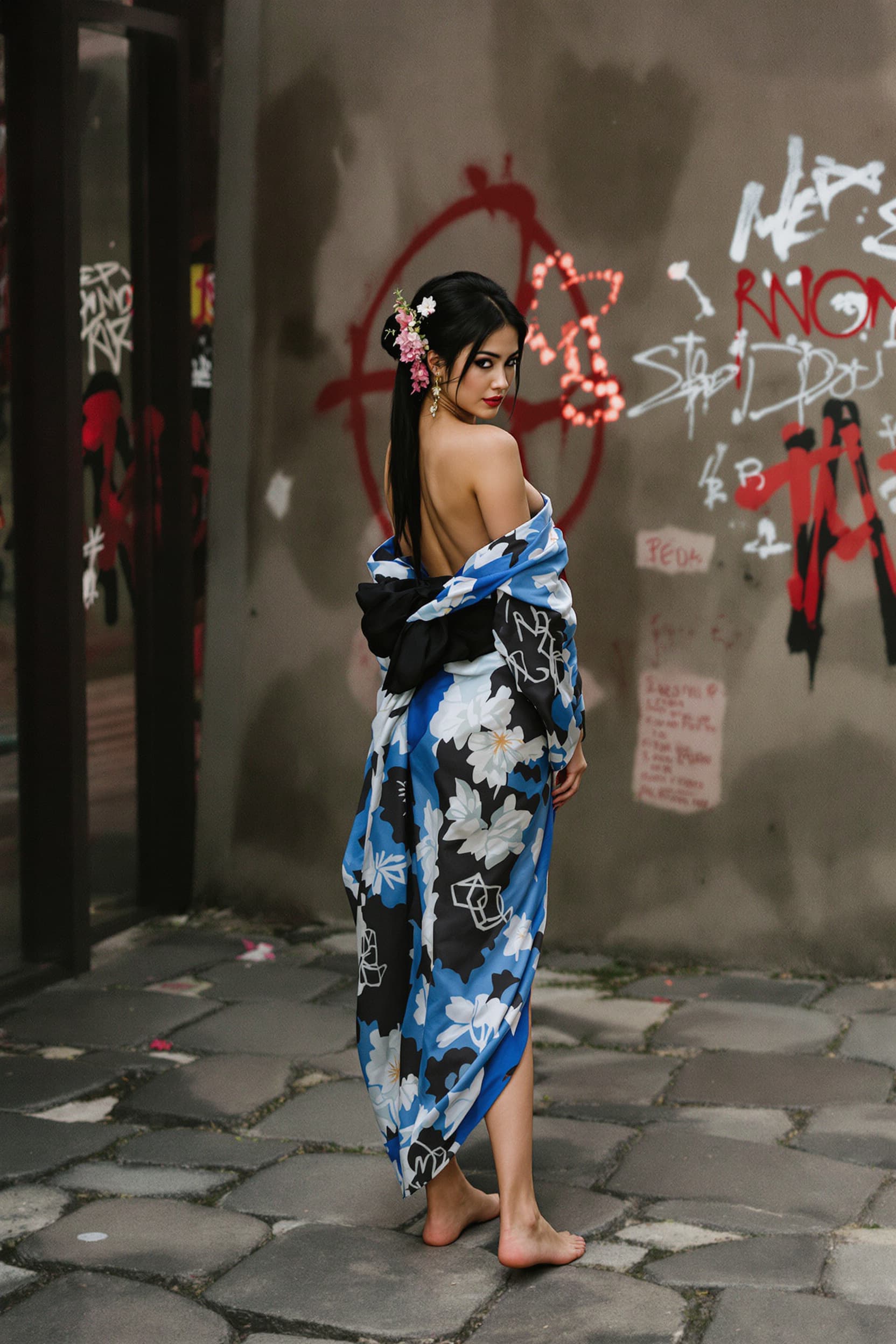 AI generated: Full body view An alluring Asian woman in a very short blue and black kimono, partially slipping off...