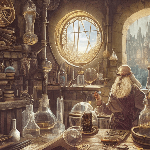 AI generated: old alchemist scientist, splash art, magician alchemist, test tubes, flasks, gold, magic, ancient ca...