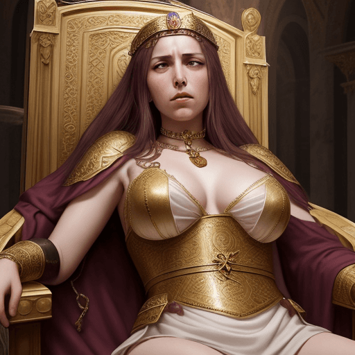 AI generated: a defiant byzantine empress, defeated and chained by the neck.  Photo realistic.  Her dress is torn ...