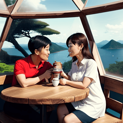 AI generated: Inside a geodesic dome cafe, add an Asian couple having a coffee date by a panoramic bay window. The...