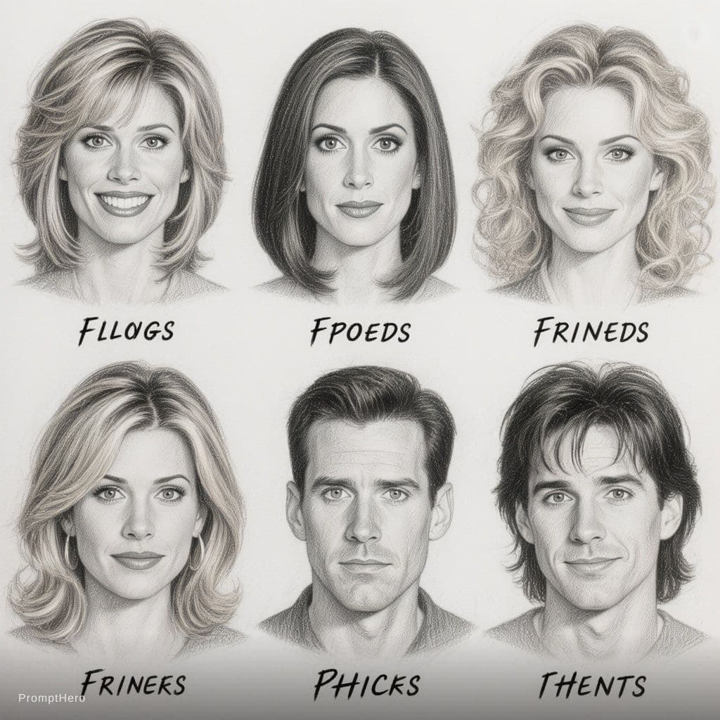 AI generated: "A pencil sketch portrait sheet featuring the six main cast members of the 1990s TV show Friends, ea...