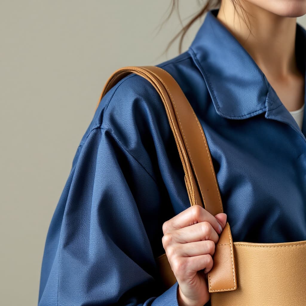 AI generated: Close-up of a Japanese female worker’s upper torso and right hand, wearing a blue work uniform. She ...