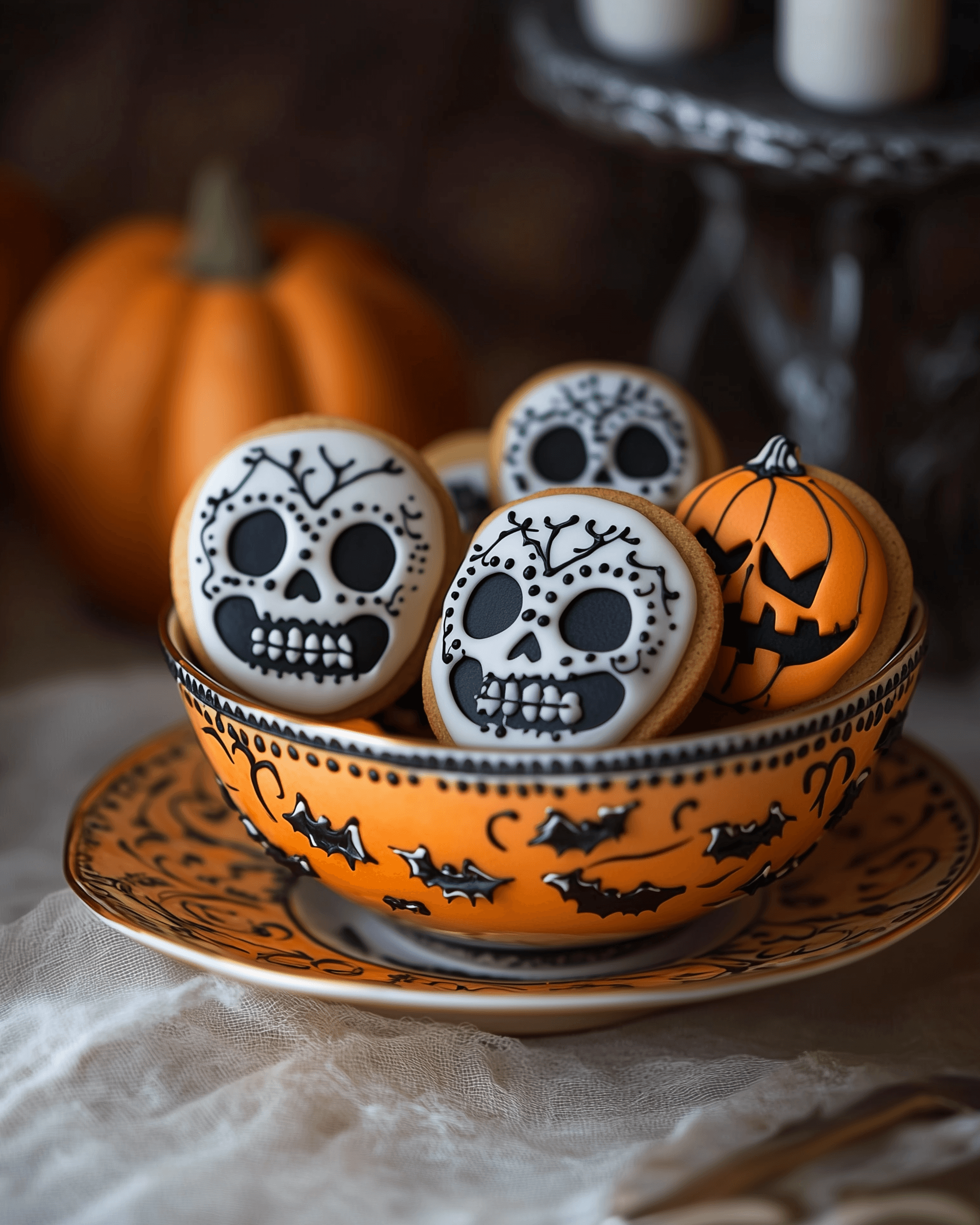 AI generated: Halloween cookies with skull and pumpkin designs, spooky-themed food photography, high resolution, d...