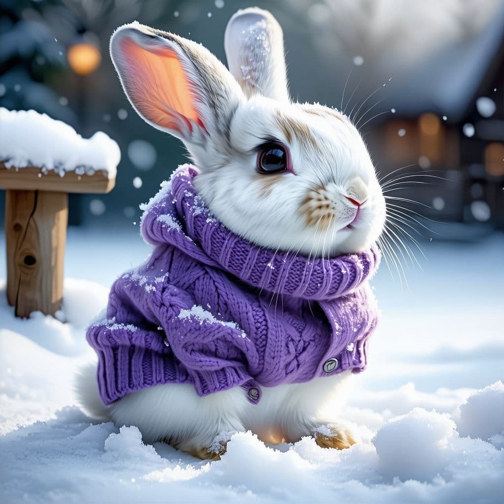 AI generated: A small, light purple-and-white bunny wearing a purple sweater sits in the snow., incredibly detaile...