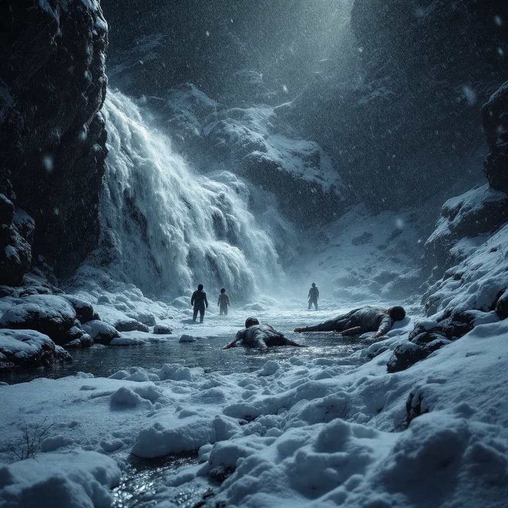 AI generated: Heavy snow, photo style, waterfall at the source of the hot spring, dark night, three dying people, ...