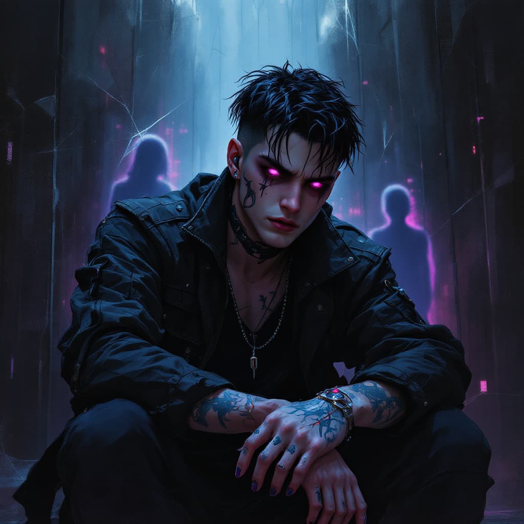AI generated: Cyberpunk. A haunted rough street kid, mid-20s, Athletic build; several pre-existing augments; dark ...