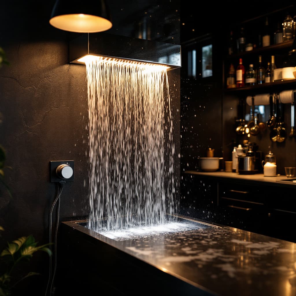 AI generated: En una cocina de restaurant un hervidor eléctrico de agua con cable en mal estado que hecha chispas