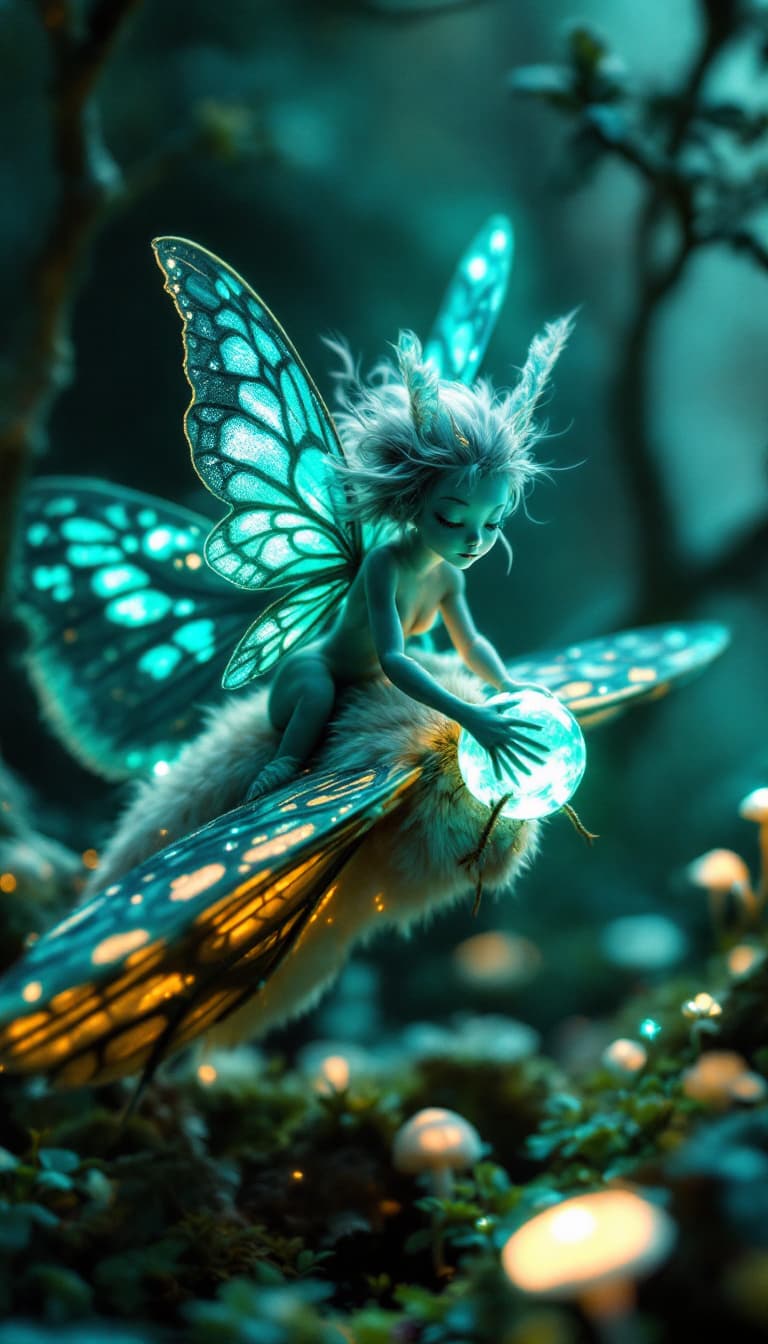 AI generated: A whimsical, hyper-realistic macro photograph of a pixie with sparkling turquoise wings riding a gia...