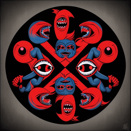 AI generated: Smiling Dark Puppet Fighting Monsters, A Dark Fantasy in Escher's Style, Neon Red & Blue Theme
