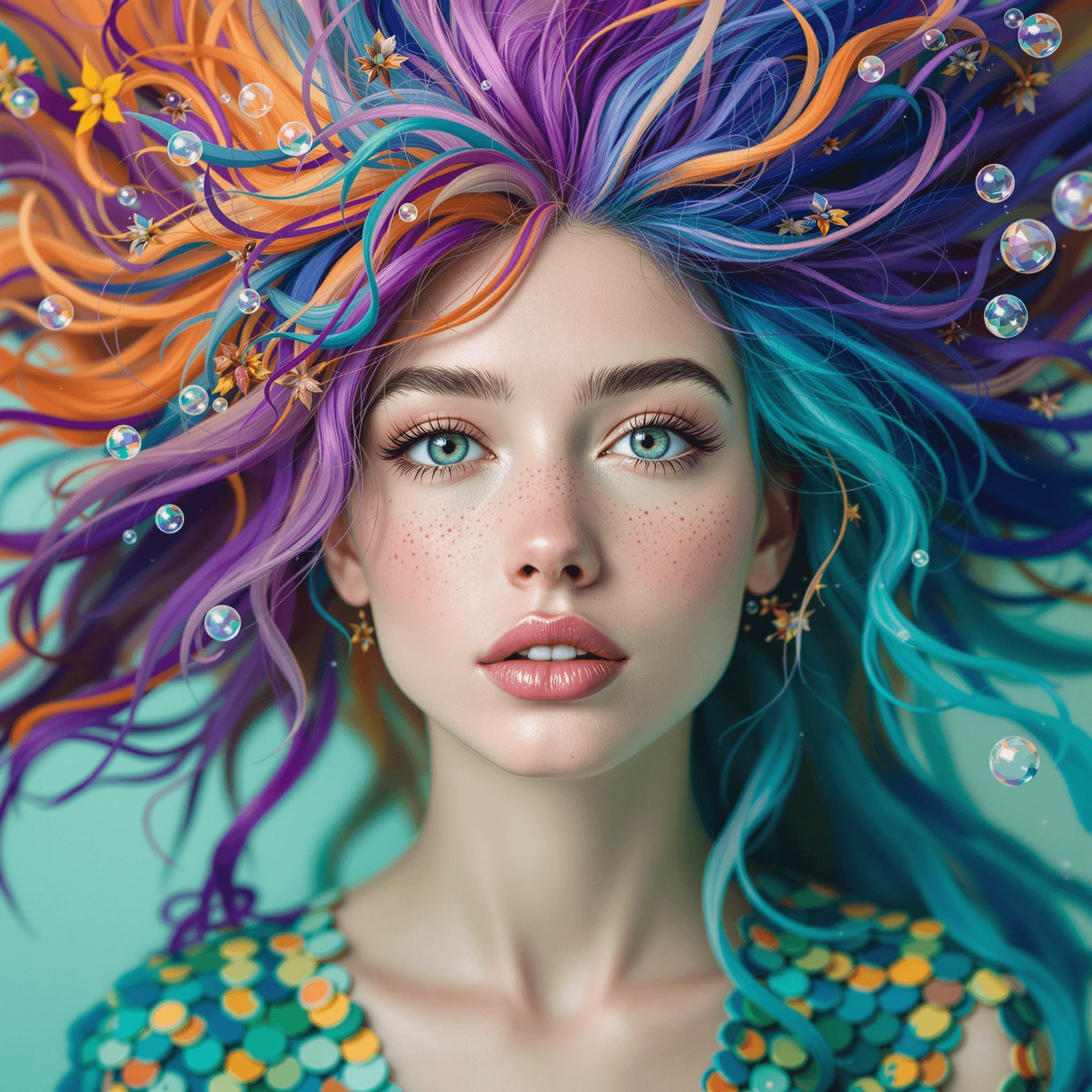 AI generated: Frontal portrait of a whimsical and colorful woman resembling a mermaid or siren. Fair complexion, y...