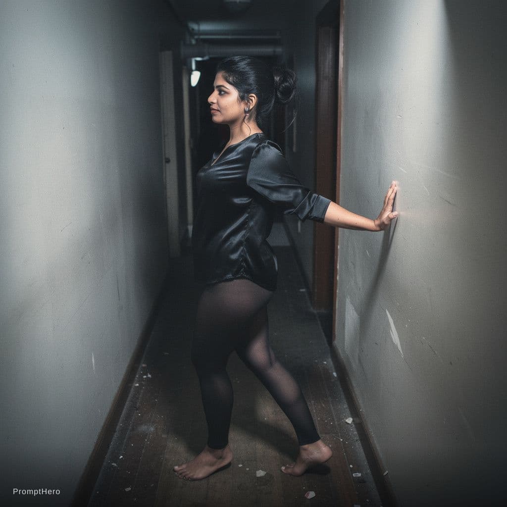 AI generated: A documentary style photograph captures a woman moving slowly through a narrow, moonlit hallway. Her...