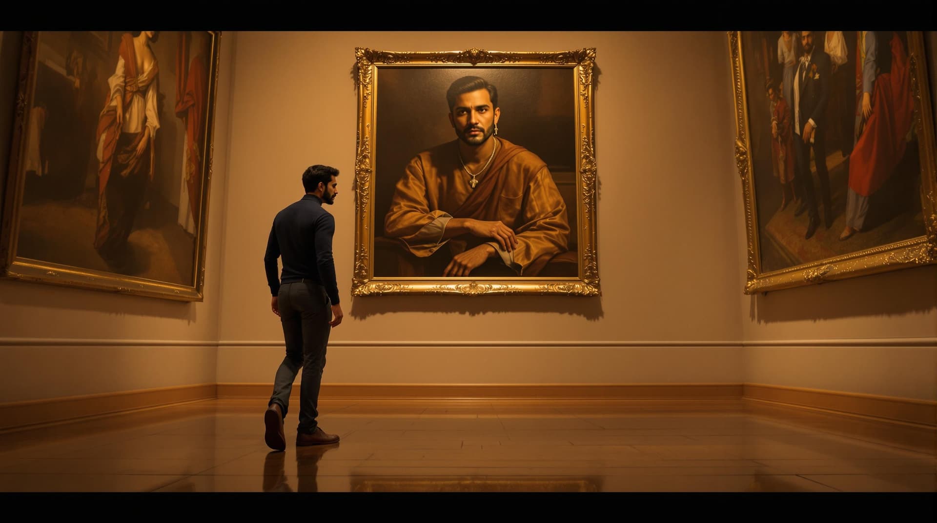 AI generated: (Cinematic UHD, hyper-realistic young Indian man stepping into a dimly lit art gallery, deep navy-bl...