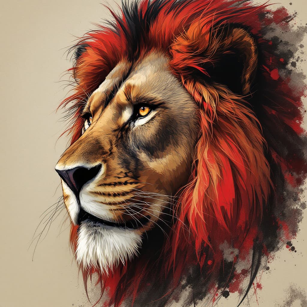 AI generated: a lions head looking 45 degrees  with crimson red, grays and black, in the style of charlie bowater,...