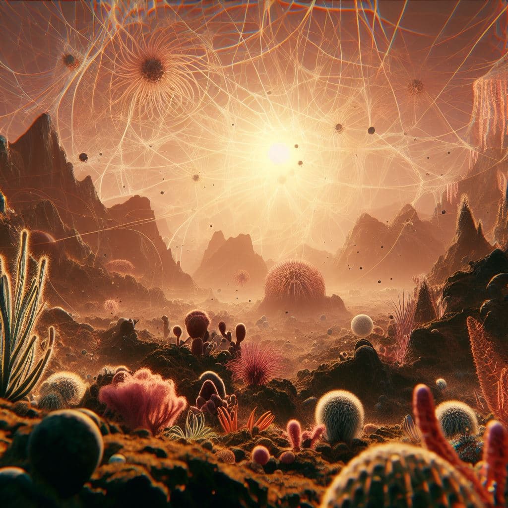 AI generated: The Ecosystem of First Eukaryotes, lakes of oil, mycelium, opal network, cobwebs, caktus, flora, bac...