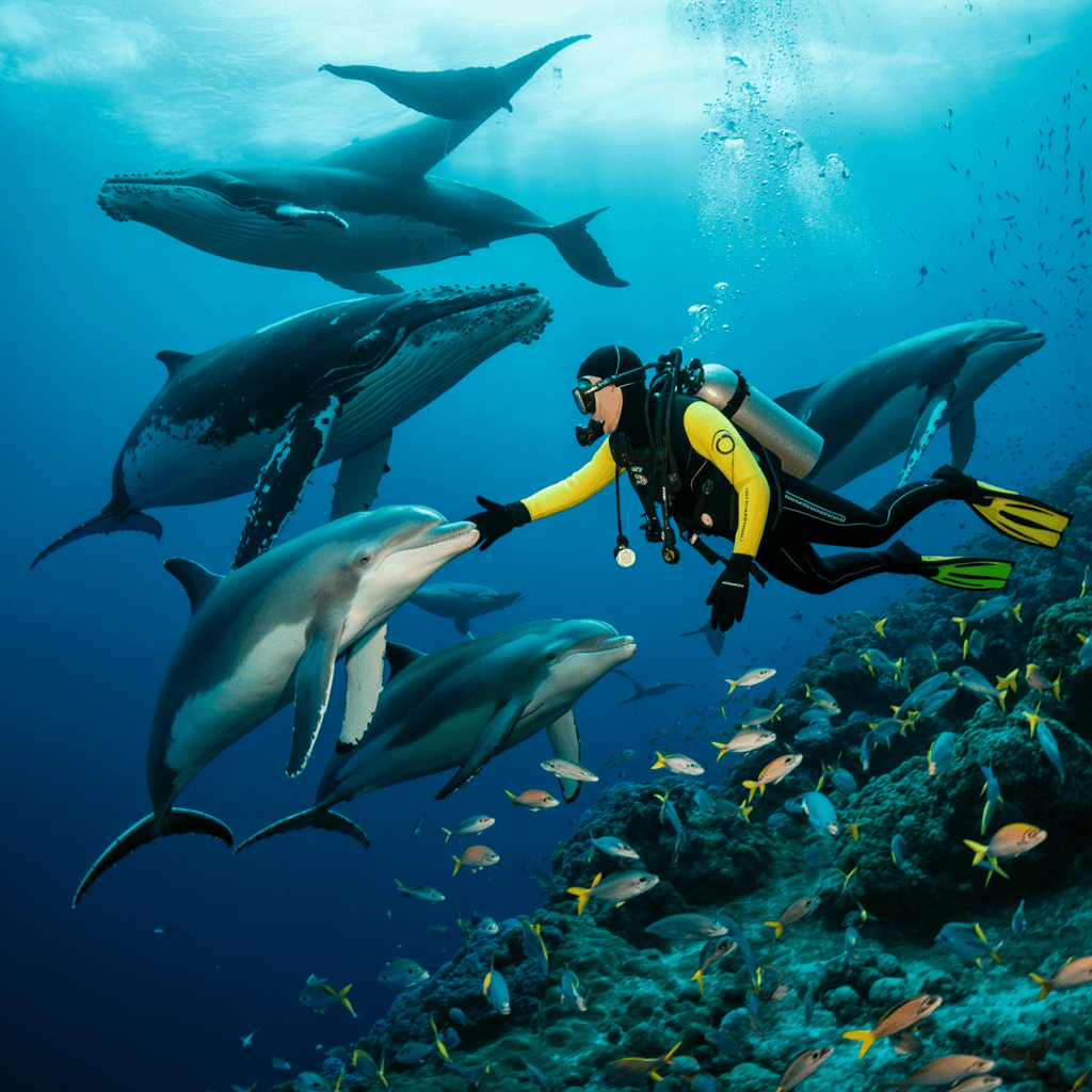 AI generated: diver with dolphins whales and babies
