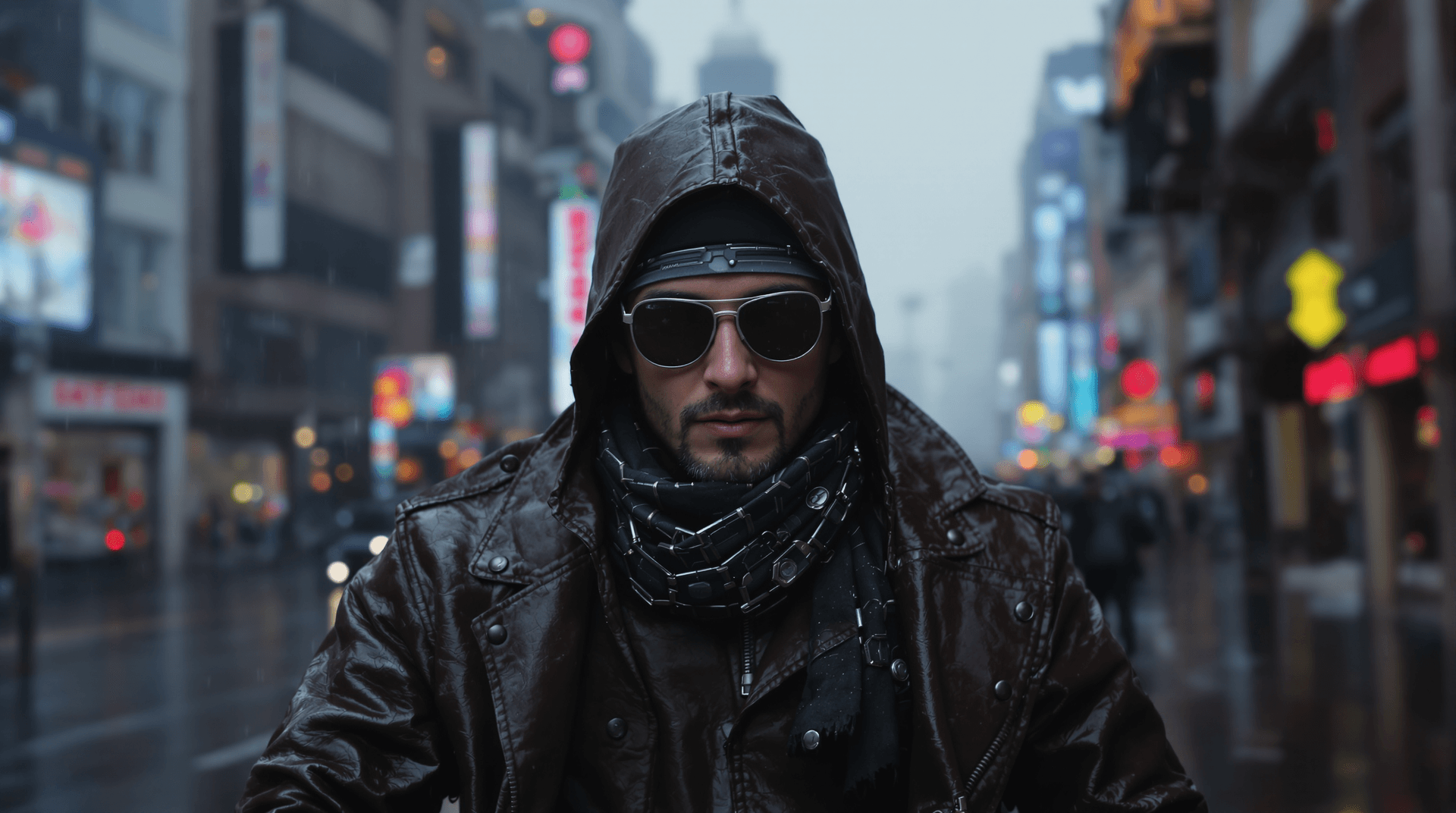 AI generated: Nuscular Futuristic Assasin from space wearing dark brown leather jacket, scarf,   , cyberpunk city,...