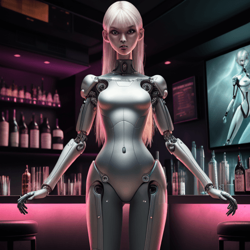 AI generated: [close-up full body three-quarter, slender bartender girl in a shirt on the background of a club bar...