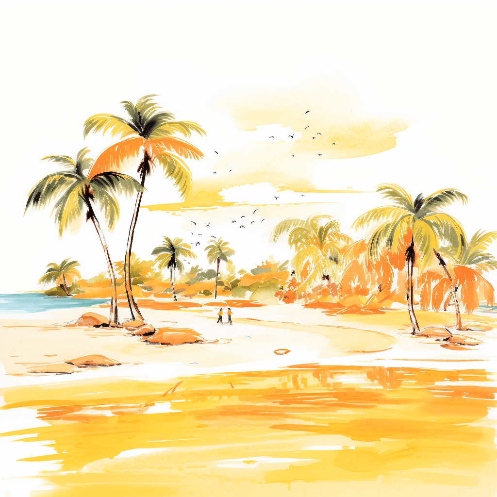 AI generated: A vibrant illustration of a tropical beach, summer, in the style of Quentin Blake, light orange and ...