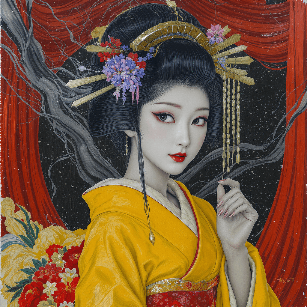 AI generated: Editorial Vivienne Tam photography of a Japanese [woman] DRESSED IN A YELLOW ROBE, close up, in the ...